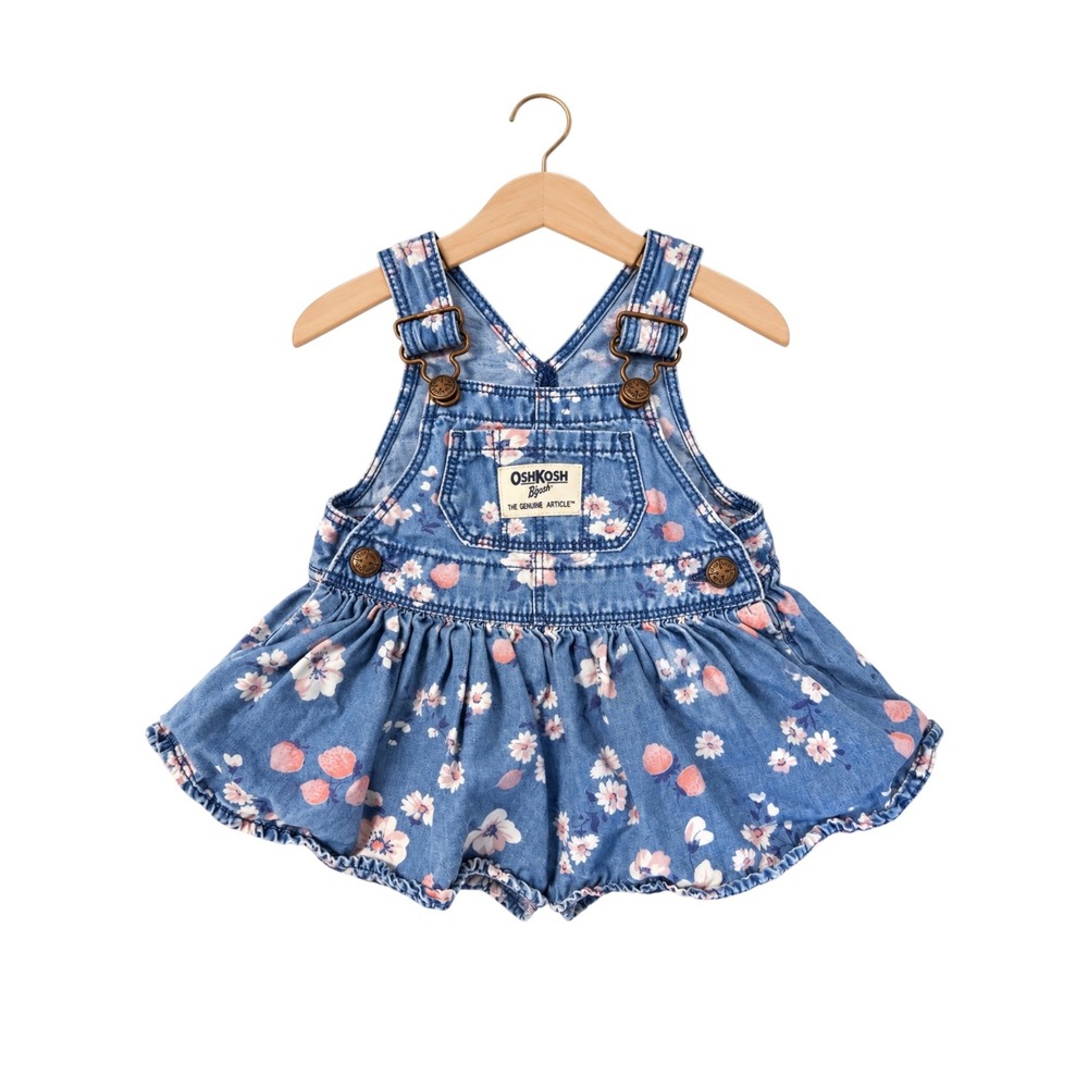 OshKosh B'gosh Baby Girl 6M Floral Denim Vestbak Overall Dress Pinafore Blue